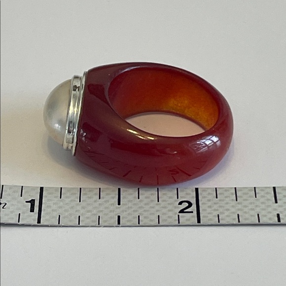 Genuine Red Jade Ring With Mabe Pearl In 925 Sterling Silver Bezel Setting - Picture 11 of 16